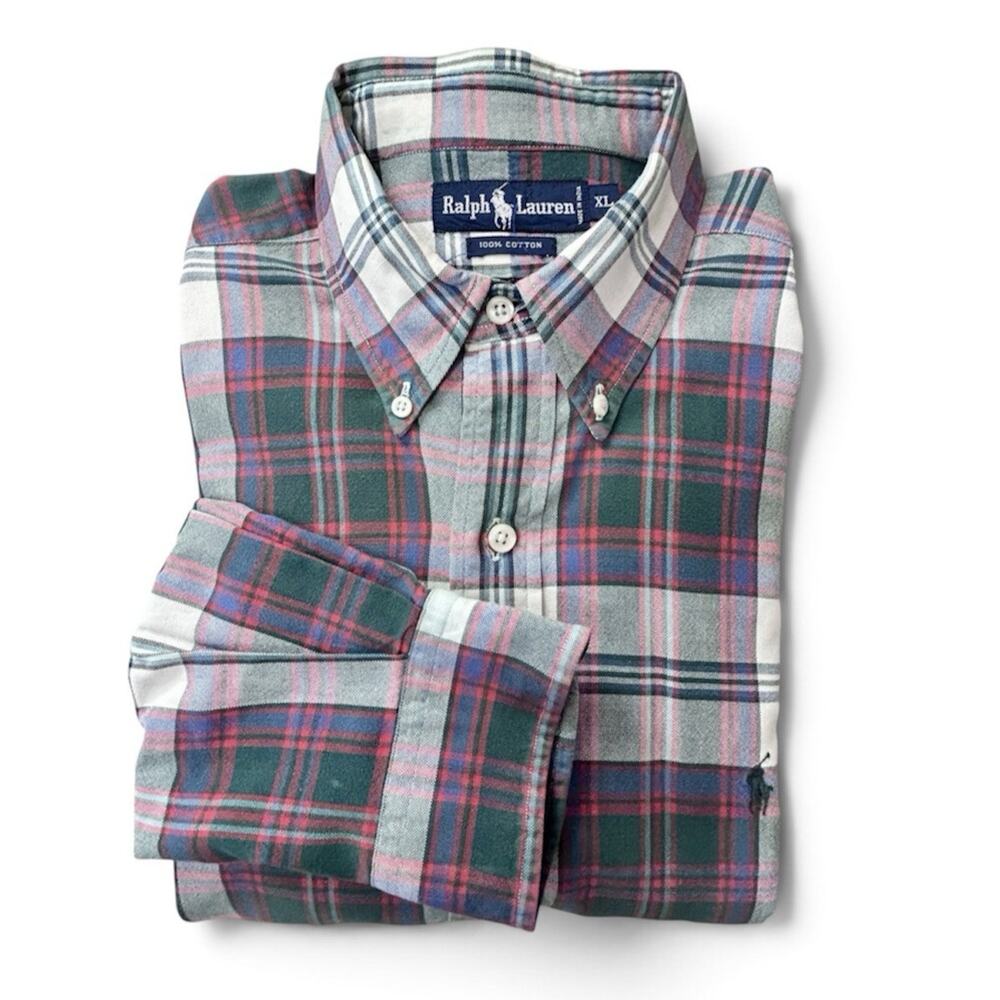 Ralph Lauren Button Down Shirt Mens XL Green Red Plaid Long Sleeve Vintage 90s